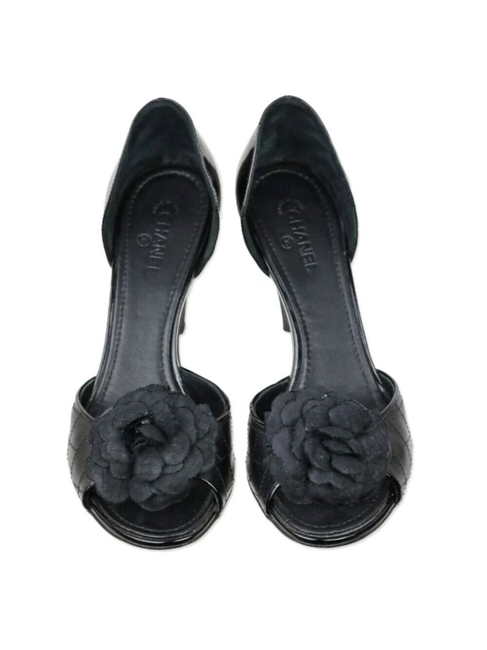 Chanel Black Quilted D'Orsay Peep Toe Flower Pumps EU 37.5 MSRP $1,195